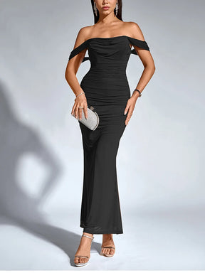 Vestido Longo Ombro a Ombro Drapeado – Moda Festa Elegante