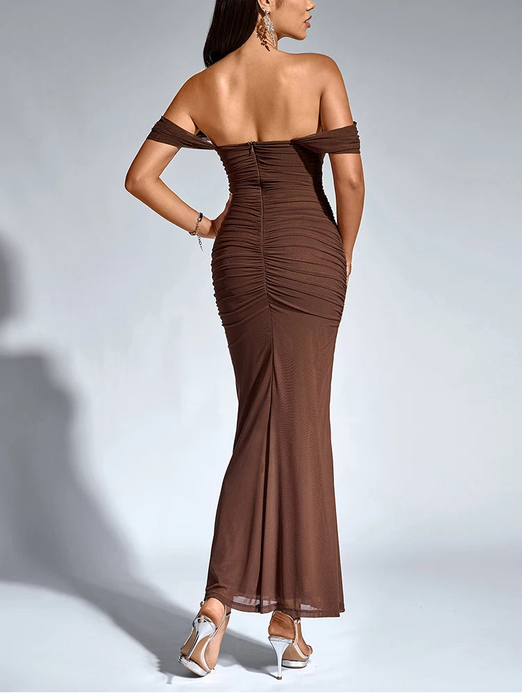 Vestido Longo Ombro a Ombro Drapeado – Moda Festa Elegante