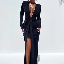 Vestido Longo Preto com Decote Profundo e Fenda – Moda Festa Elegante
