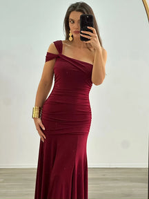 Vestido Longo Esmeralda Assimétrico Drapeado – Moda Festa Elegante