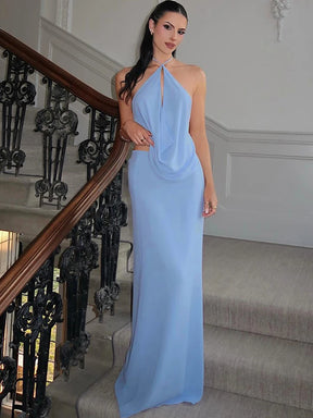 Vestido Longo Azul Serenity Decote Drapeado – Elegância para Festas
