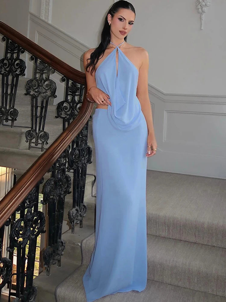 Vestido Longo Azul Serenity Decote Drapeado – Elegância para Festas