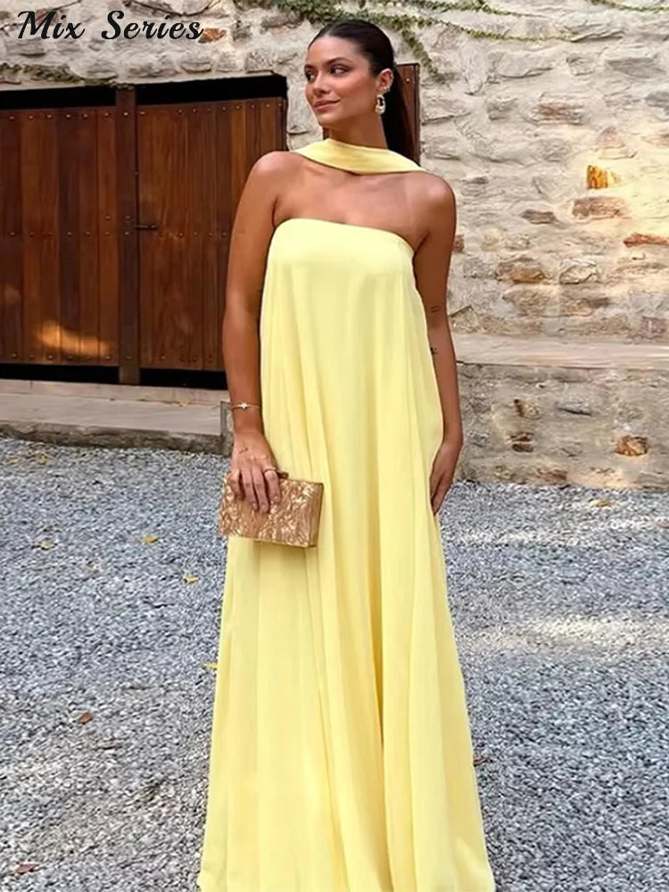 Vestido Longo Amarelo Estruturado Minimalista – Moda Festa Elegante