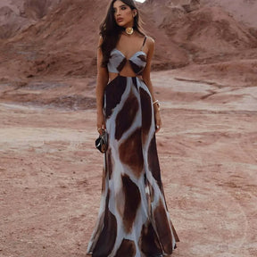 Vestido Longo Feminino Estampado com Recortes na Cintura – Moda Verão Elegante