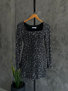 Vestido Manga Longa Cravejado Mix Pedras