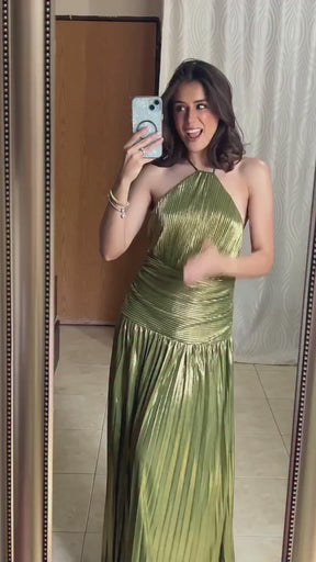 Vestido Longo de Festa Stephany Verde Metálico