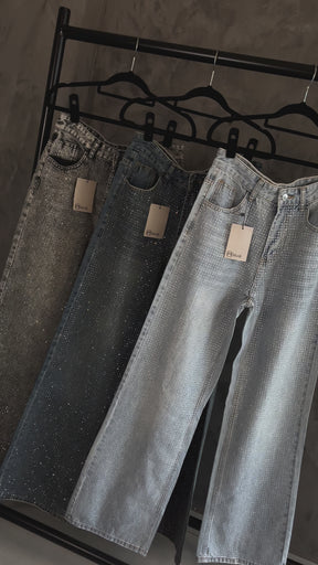 Calça Jeans Wide Leg Cravejada Strass Brilho - Clara