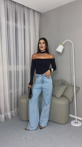 Calça Jeans Wide Leg com Brilho Cristais