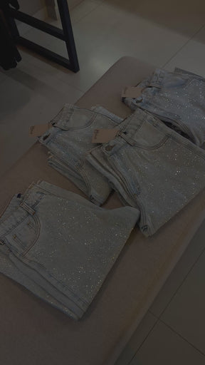 Calça Jeans Wide Leg com Brilho Cristais